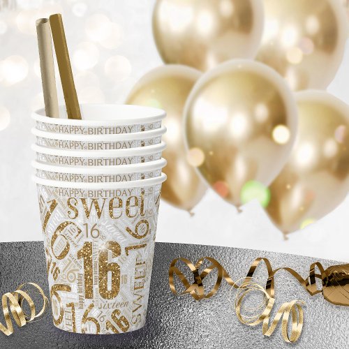 Sweet Sixteen Sparkle Word Cloud Gold ID265 Paper Cups