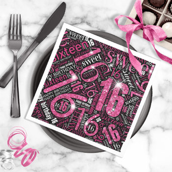 Sweet Sixteen Sparkle Word Cloud Pink Blk Id265 Napkins by arrayforhome at Zazzle