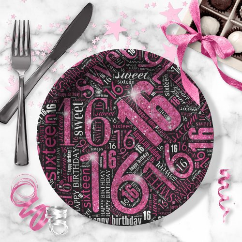 Sweet Sixteen Sparkle Word Cloud Pink Blk ID265 Paper Plates