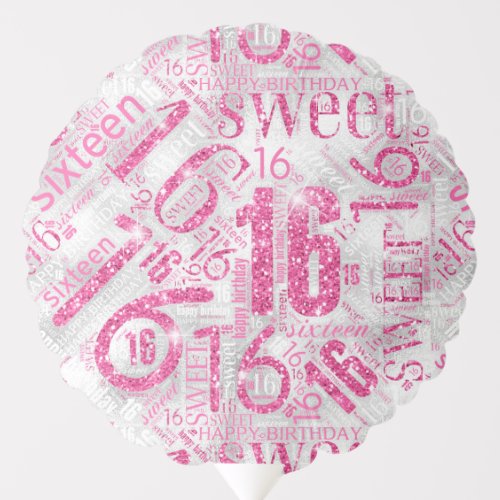 Sweet Sixteen Sparkle Word Cloud Pink ID265 Balloon