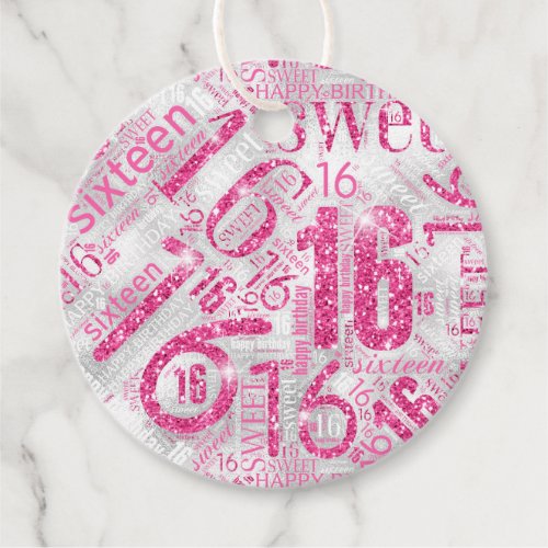 Sweet Sixteen Sparkle Word Cloud Pink ID265 Favor Tags