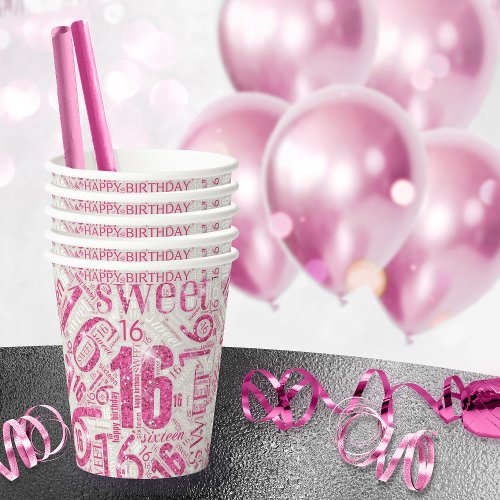 Sweet Sixteen Sparkle Word Cloud Pink ID265 Paper Cups