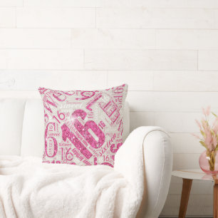 Sweet Sixteen Sparkle Word Cloud Pink ID265 Throw Pillow