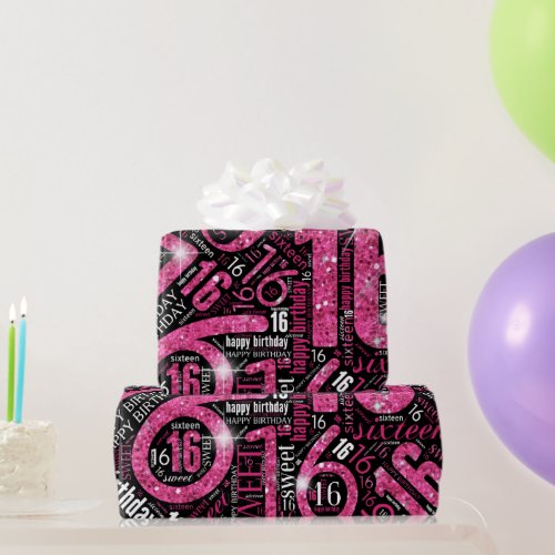 Sweet Sixteen Sparkle Word Cloud Pink ID265 Wrapping Paper