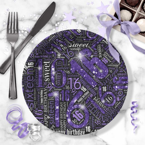 Sweet Sixteen Sparkle Word Cloud Purple Blk ID265 Paper Plates