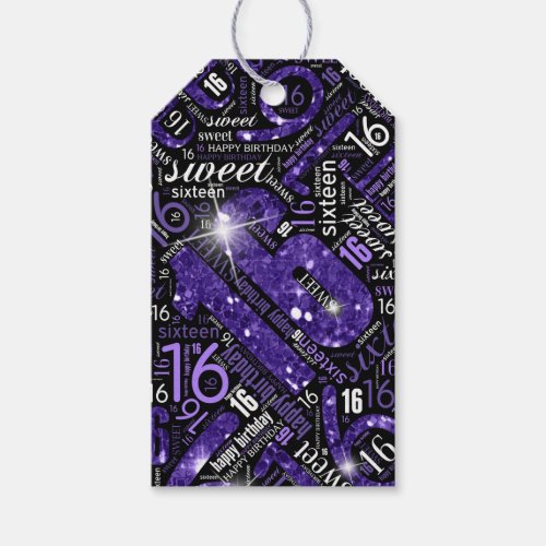 Sweet Sixteen Sparkle Word Cloud Purple ID265 Gift Tags