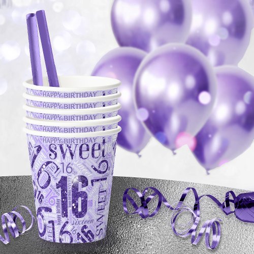Sweet Sixteen Sparkle Word Cloud Purple ID265 Paper Cups