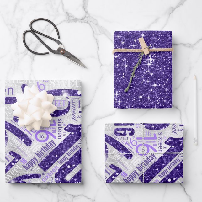Sweet Sixteen Sparkle Word Cloud Purple ID265 Wrapping Paper Sheets (Front)