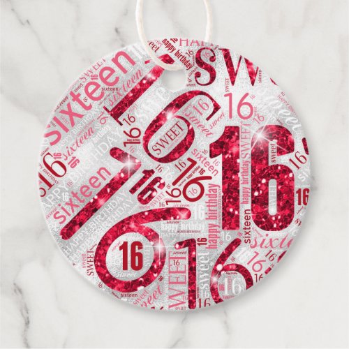 Sweet Sixteen Sparkle Word Cloud Red ID265 Favor Tags