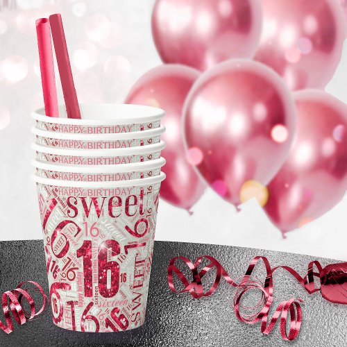 Sweet Sixteen Sparkle Word Cloud Red ID265 Paper Cups