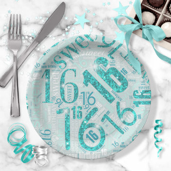 Sweet Sixteen Sparkle Word Cloud Teal Id265 Paper Plates by arrayforhome at Zazzle