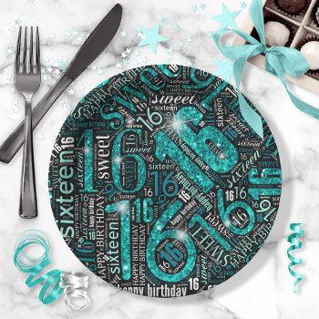 Sweet Sixteen Sparkle Word Cloud Teal Id265 Paper Plates by arrayforhome at Zazzle
