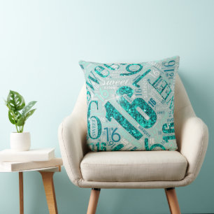 Sweet Sixteen Sparkle Word Cloud Teal ID265 Throw Pillow