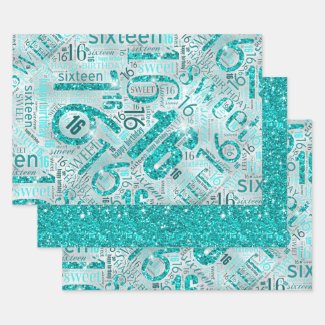 Sweet Sixteen Sparkle Word Cloud Teal ID265 Wrapping Paper Sheets