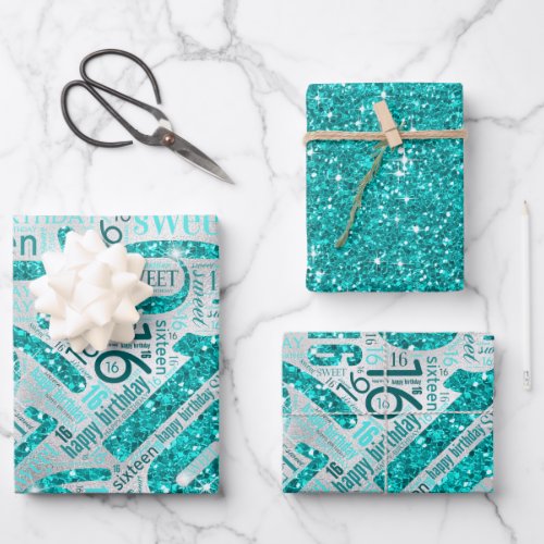Sweet Sixteen Sparkle Word Cloud Teal ID265 Wrapping Paper Sheets