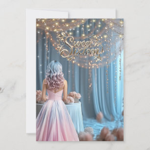 Sweet Sixteen Sparkles Flowers Girl Blue Pink Hair Invitation