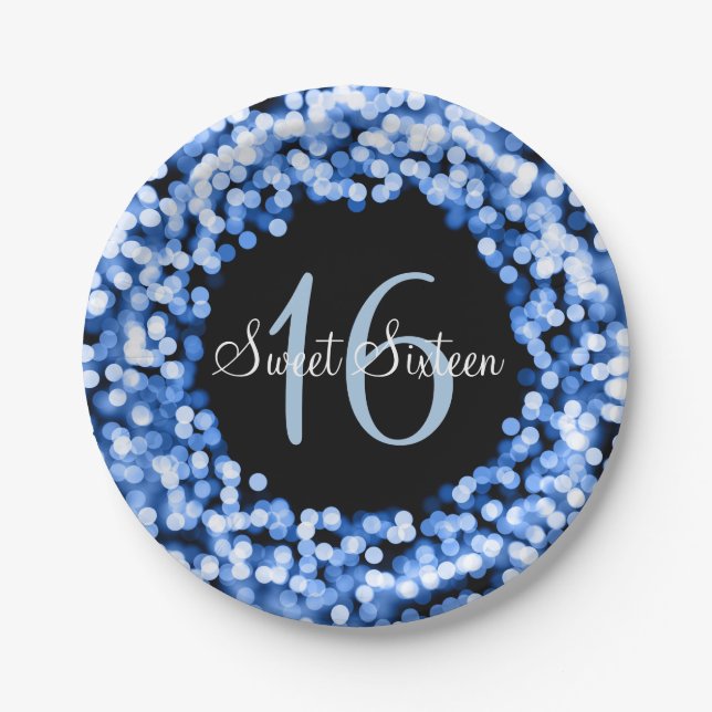 Sweet Sixteen Sparkling Lights Blue Paper Plates (Front)