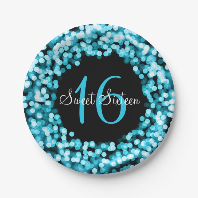 Sweet Sixteen Sparkling Lights Blue Paper Plates (Front)