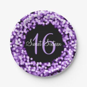 Sweet Sixteen Sparkling Lights Purple Paper Plates