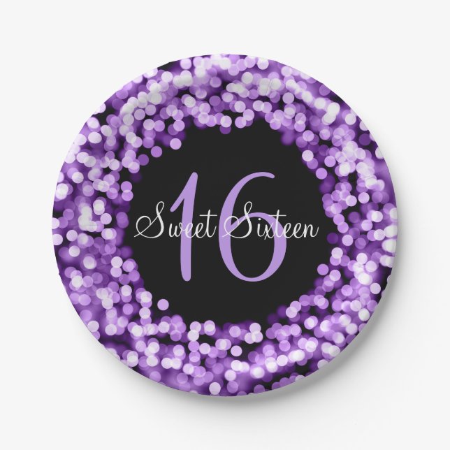 Sweet Sixteen Sparkling Lights Purple Paper Plates (Front)