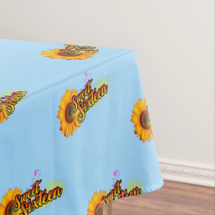 Sweet Sixteen Sunflower and Balloons on Light Blue Tablecloth