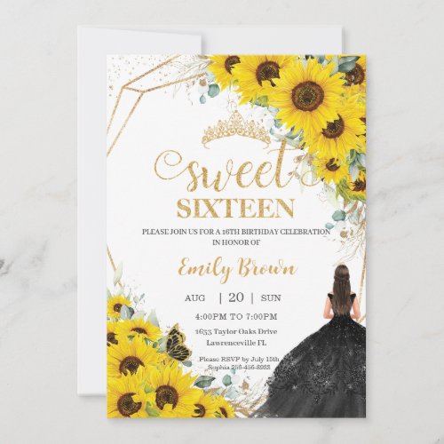 Sweet Sixteen Sunflower Floral Gold Black Dress Invitation