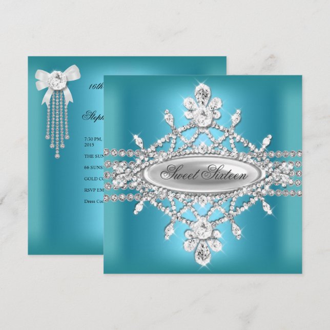 Sweet Sixteen Sweet 16 Birthday Teal Blue Silver Invitation (Front/Back)