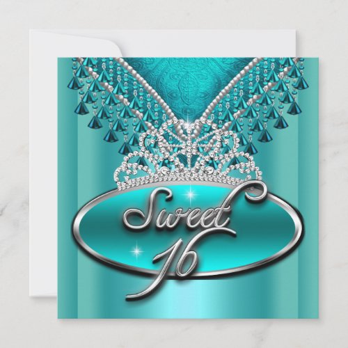 Sweet Sixteen Sweet 16 Birthday Teal Blue Tiara Invitation