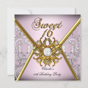 Sweet Sixteen Sweet 16 Damask Pink Gold White Invitation