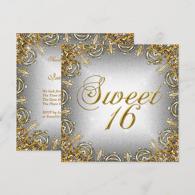 Sweet Sixteen Sweet 16 Gold Grey Silver Invitation (Front/Back)