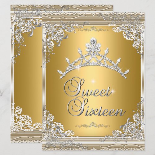 Sweet Sixteen Sweet 16 Gold White Silver Tiara Custom Announcements
