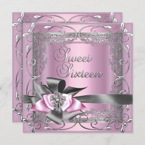 Sweet Sixteen Sweet 16 Light Pink Silver Grey Bow Invitation