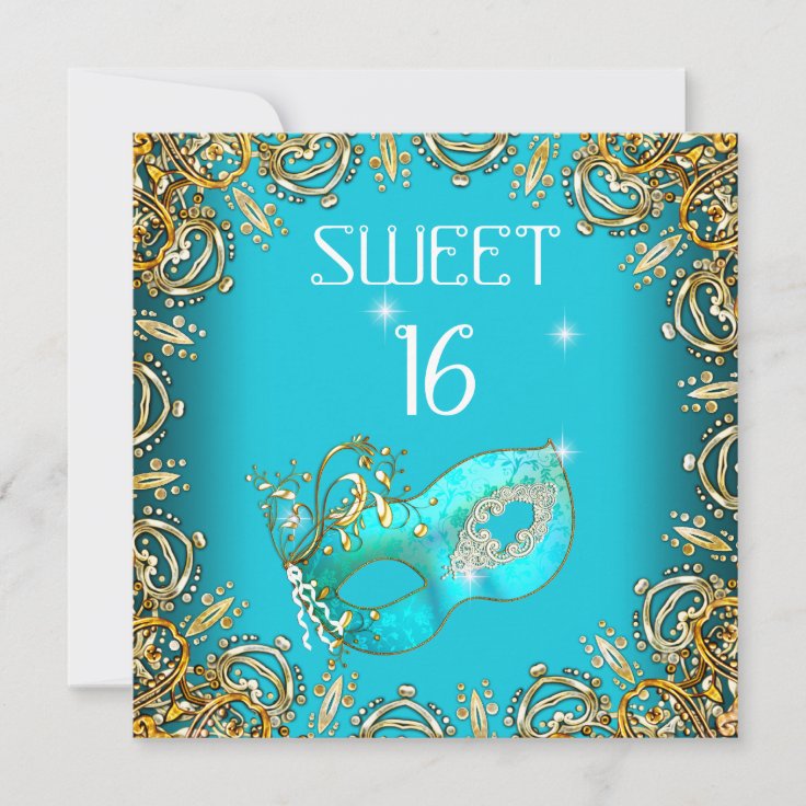 Sweet Sixteen Sweet 16 Masquerade Gold Teal Invitation Zazzle