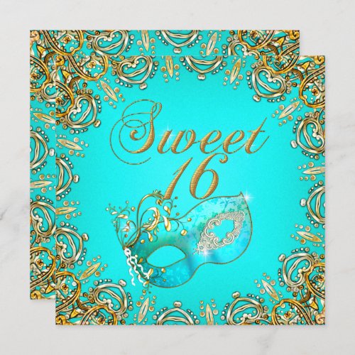 Sweet Sixteen Sweet 16 Masquerade Gold Teal Invitation