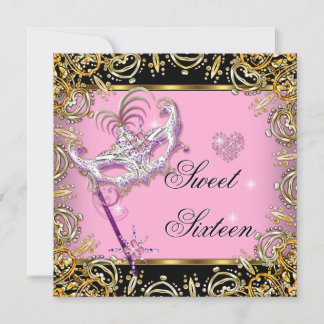 Sweet Sixteen Sweet 16 Masquerade Pink Gold Black Invitation