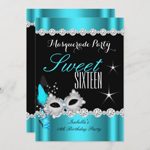 Sweet Sixteen Sweet 16 Masquerade Teal Mask 2 Invitation