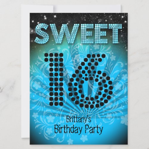 Sweet Sixteen Sweet 16 Party Blue Teal Black Invitation