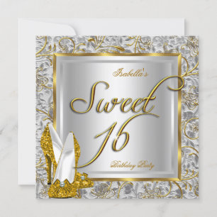 Sweet Sixteen Sweet 16 Party Gold Silver White Invitation