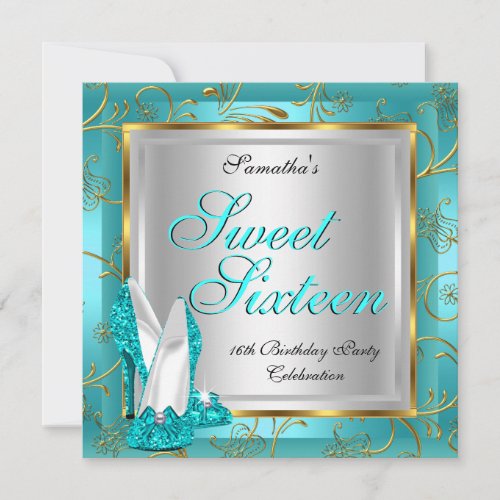 Sweet Sixteen Sweet 16 Party Teal Blue Gold Silver Invitation