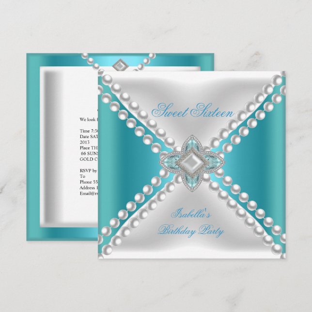 Sweet Sixteen Sweet 16 Party Teal Blue White Invitation (Front/Back)