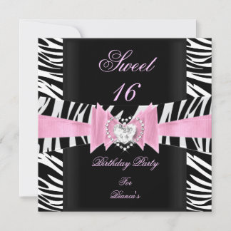 Sweet Sixteen Sweet 16 Pink Black White Zebra Invitation