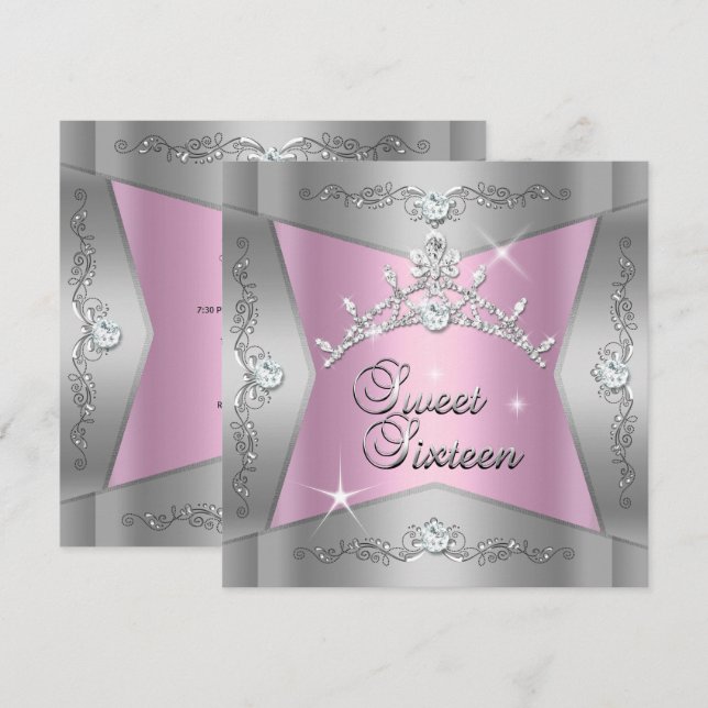 Sweet Sixteen Sweet 16 Pink Silver Tiara Invitation (Front/Back)