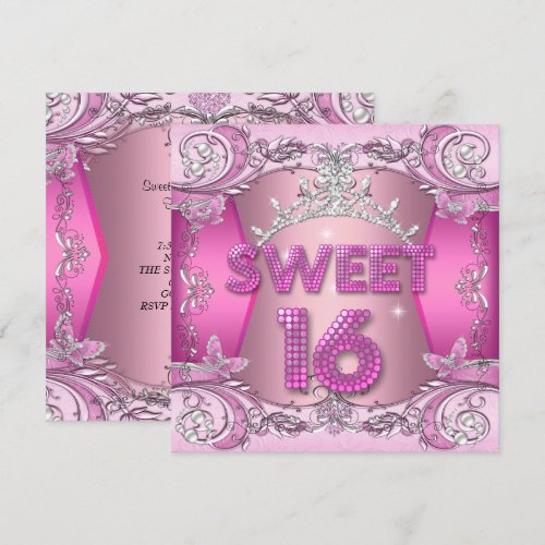 Sweet Sixteen Sweet 16 Pink Silver Tiara Custom Invitation