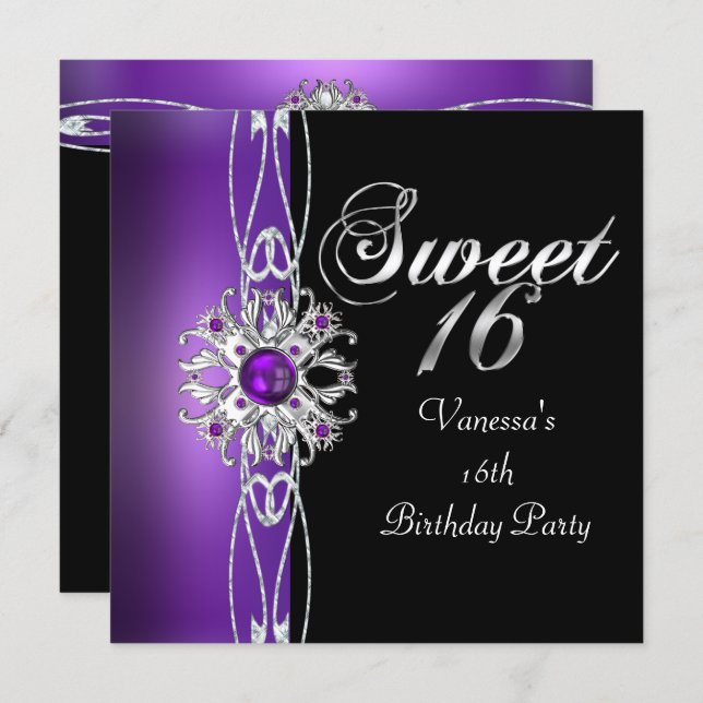 Sweet Sixteen Sweet 16 Purple Silver Black Invitation (Front/Back)