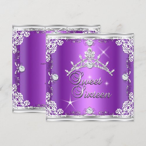 Sweet Sixteen Sweet 16 Purple Silver Diamond Tiara Personalized Announcements