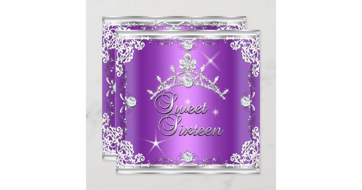Sweet Sixteen Sweet 16 Purple Silver Diamond Tiara Invitation Zazzle
