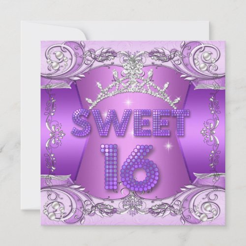 Sweet Sixteen Sweet 16 Purple Silver Tiara Custom Invitation