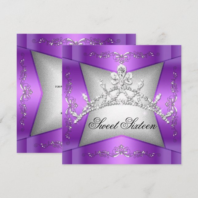 Sweet Sixteen Sweet 16 Purple Silver Tiara Invitation (Front/Back)