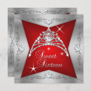 Sweet Sixteen Sweet 16 Red Silver Tiara Invitation