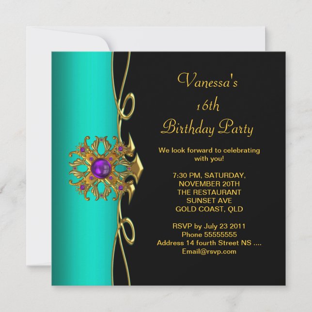 Sweet Sixteen Sweet 16 Teal Blue Purple Gold Black Invitation (Front)